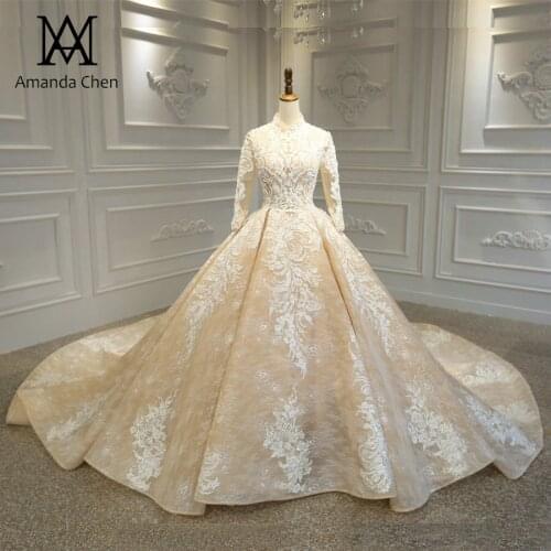 Vestido de novia manga larga High Neck Long Sleeve Lace Appliques Keyhole Back Wedding Dress