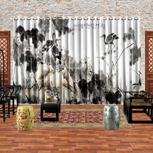 Custom Made 2x 200x260cm Window Drapery Dressing Wave Window Curtain Tulle Sheer Scenery Ink and Wash Crane Lotus Leaf Hill