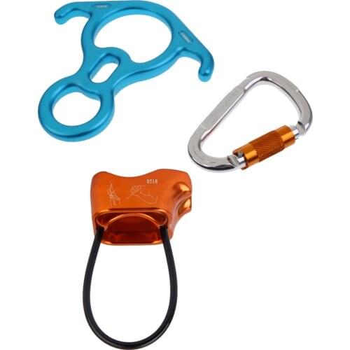 50KN Safety Figure 8 Descender + 25KN D-Shape Carabiner Hook + 25KN Rappel Device for Rock Climbing Equipment