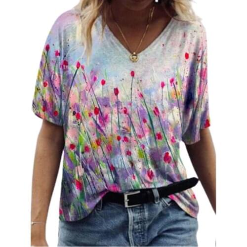 Summer 2021 New Casual Short Sleeve Women T-shirt Oversized T Shirts Loose Large Size Tops Ladies Landscape 3d Floral Print Tee