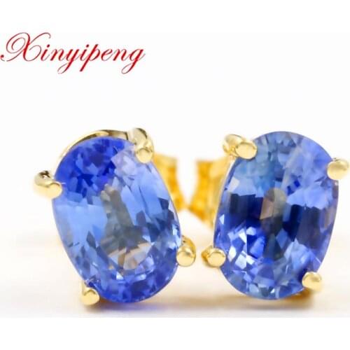Xin yi peng fine jewelry real 18k white gold 100% natural oval sapphire female stud earrings for women fine earrings AU750