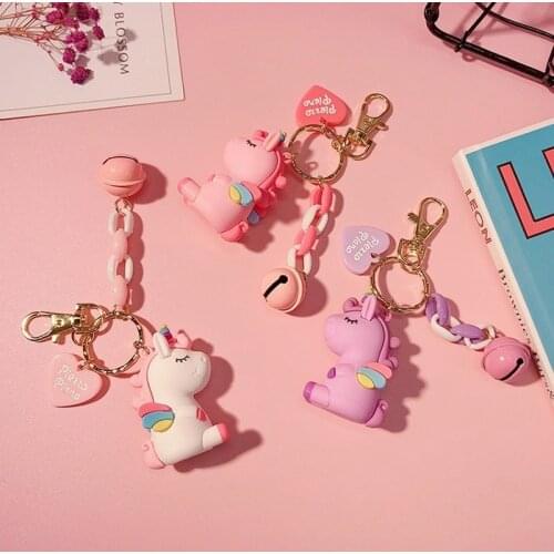 Unicorn Keychains women Creative cute small bell unicorn car key chain pendant silicone doll car key backpack pendant small gift