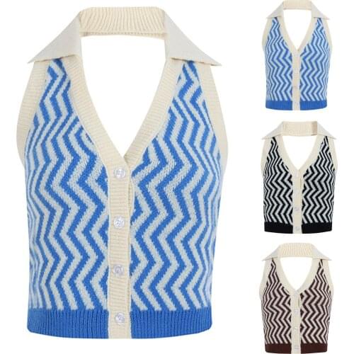 Winter Crop Top Women Knitted Sweater Vest Irregular Striped Contrast Halterneck Deep V-neck Sexy Backless Cardigan Жилет Свитер