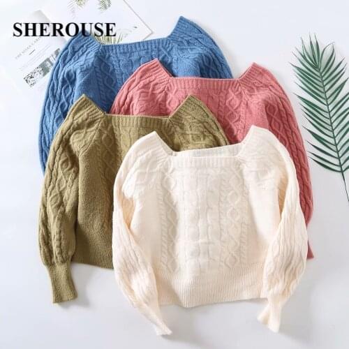 SHEROUSE Women Fashion Solid Knitted Pullover Sweater Square Collar Long Sleeves Vintage Female Knit Sweaters Chic Tops