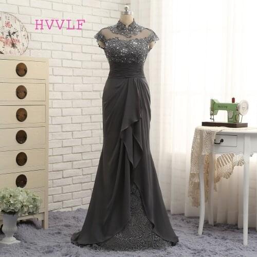 Plus Size Gray Mother Of The Bride Dresses Mermaid Cap Sleeves Lace Beaded Wedding Party Dress Mother Dresses For Wedding