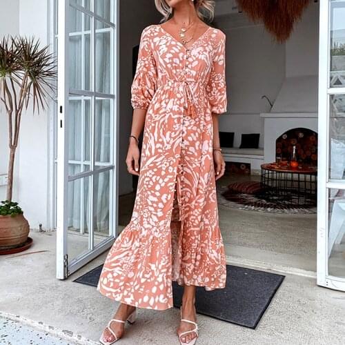GypsyLady Floral Print Boho Maxi Dress Autumn V-neck Cute Women Dresses Rayon Holiday Beach Style Chic Button Front Female Dress