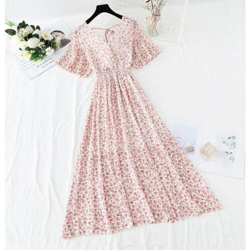 2021 New Summer Dress Women Sexy V-neck Short sleeve Elastic waist Floral Chiffon Long Dress Vintage Vestido Elegant Clothing