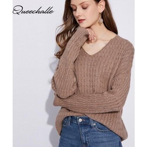 15 Colors Pullover Autumn Women Khaki V neck Drop-shoulder Sleeve Twist Sweater Winter Loose Thick Warm Knit Sweaters for Woman