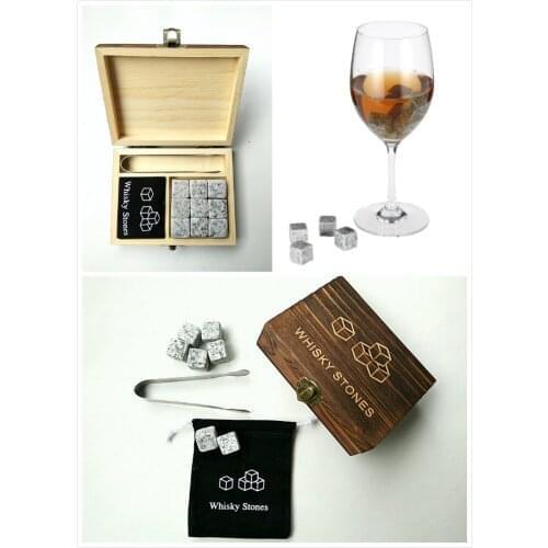 9Pcs/lot Whisky Stone with Wooden Box& Velvet Bag Whiskey Coolers Rocks Stones Cube Stone Christmas Gift