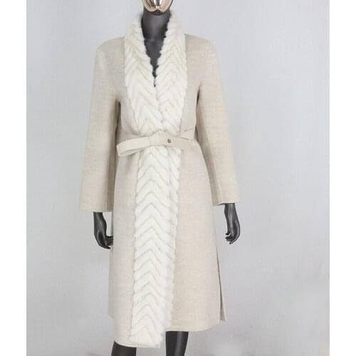 BLUENESSFAIR 2020 Real Fur Coat Winter Jacket Women Natural Mink Fur Collar Cashmere Wool Blends Long Outerwear Belt Streetwear