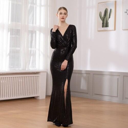 Elegant Black Sequined Night Party Dress Gown Wrap Dress V Neck Cut-out Maxi Dress Elastic Wrapped Dress
