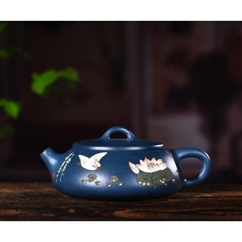 Purple clay pot genuine hand-painted raw ore dark green mud painting large mouth stone ladle pot Kungfu Teapot Tea Set