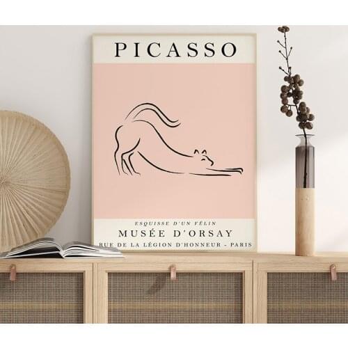 HD Printed Animal Black Line Cat Canvas Paintings Wall Art Exhibition Pink Poster Home Decor Modular Pictures For Living Room