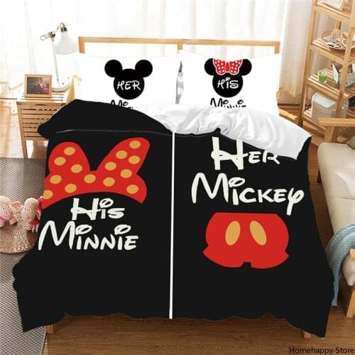 Disney Mickey Mouse Black Pink Bedding Set Cute Couple Comfortable Duvet Quilt Cover Pillowcase Couple Children Bedroom Decor
