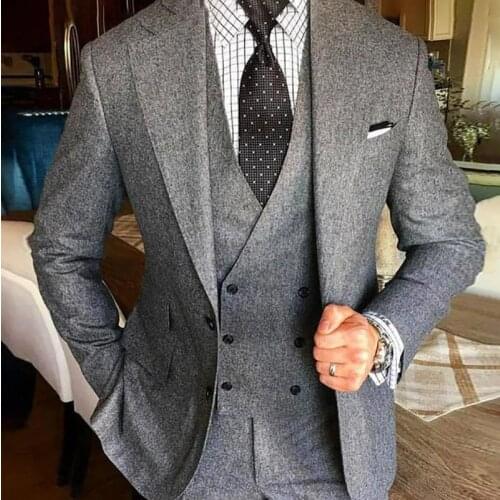 Grey Tweed Suiit Mens Custom Made Mens Three Pieces Tweed Suit Tailored Single Breasted Men Suit Notch Lapel(Jacket+Pant+Vest)