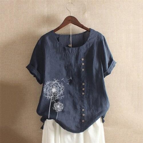 Summer Women Short Sleeve Shirts Casual Loose Plus Size Womens Button Design Blouses Dandelion Print Blouse O Neck Shirts Tops