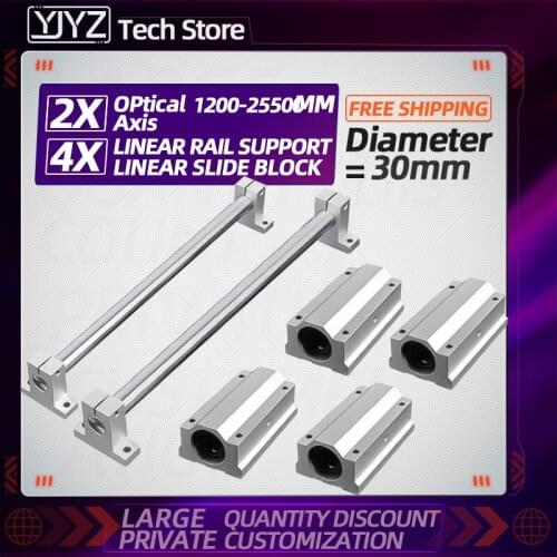 2pc linear rail shaft OD30 1200-2550mm optical axis+4pc SCLUU linear bearing blocks+4pc shaft support for 3D print CNC equipment