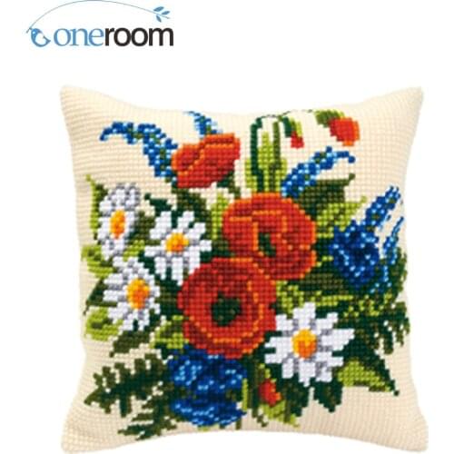 Many poppy DIY Kit Unfinished Acrylic Yarn Embroidery Pillow Tapestry Canvas Cushion Front Cross Stitch Pillowcase