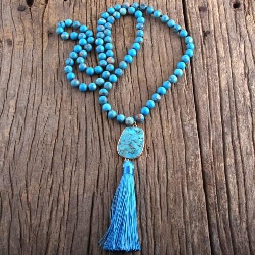 RH Fashion Boho Jewelry Accessory Natural Stones Long Knotted With Semi Precious Links Tassel Necklaces For Women Gift