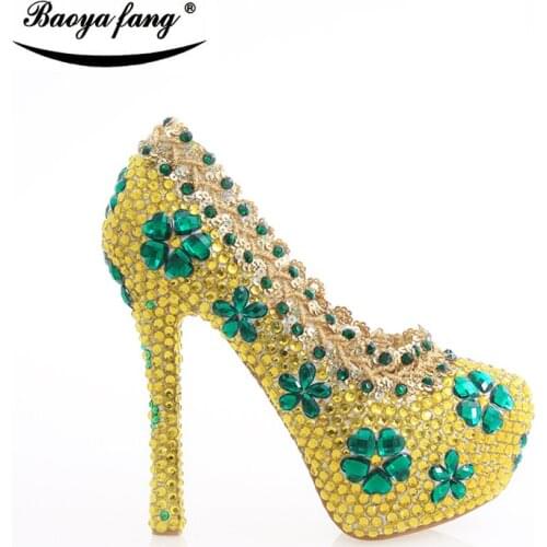 New arrival Yellow crystal womens wedding shoes real leather insole Platform shoes handmade party dress shoes High shoes female