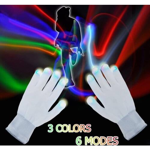 Novelty LED Gloves Finger Lighting Flashing 3 Colors 6 Modes White Glow Gloves Halloween Costume Party Light Up Toys