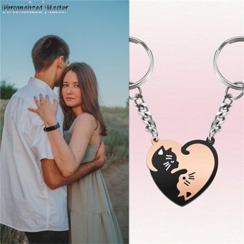 Personalized Master Custom Name Puzzle Cute Cats Keychains Stainless Steel Heart Yin Yang Cat Keychain Engraved Couple Keyring