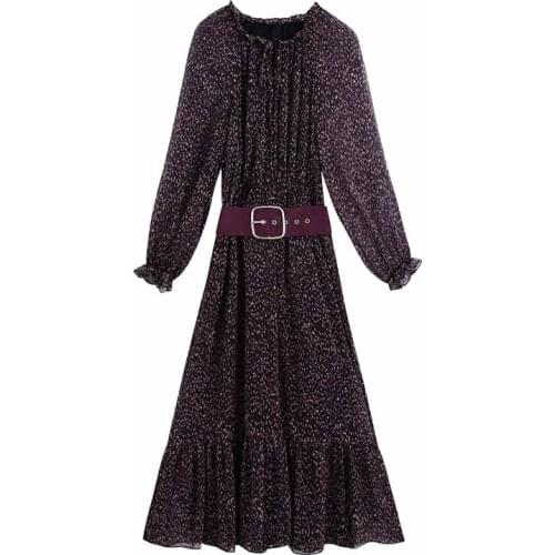 Evfer Women Spring Autumn Fashion Dot Print Za Purple Chiffon Long Dress Female Fashion Puff Sleeve High Waist Dresses With Belt