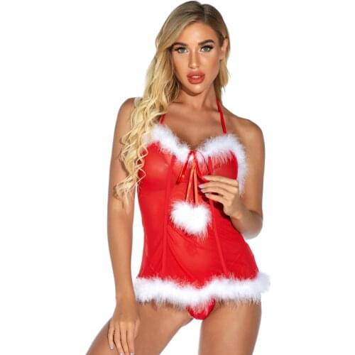 Christmas Costumes Ladies Sexy See-Through Lace Bodysuit White Plush Side Christmas Halterneck Jumpsuit Intimates Sexy Erotic