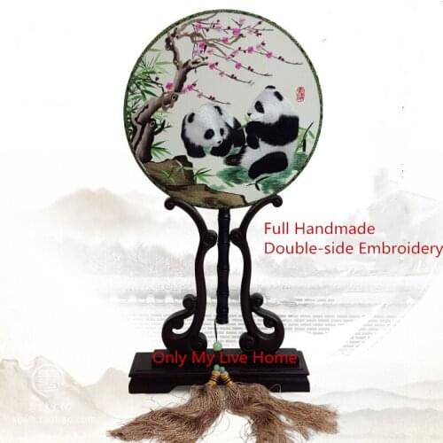Luxury Round Decoration Chinese Panda Hand Fan Gift Natural Mulberry Silk Fan Handmade Double-side Embroidery Ebony Handle Fan