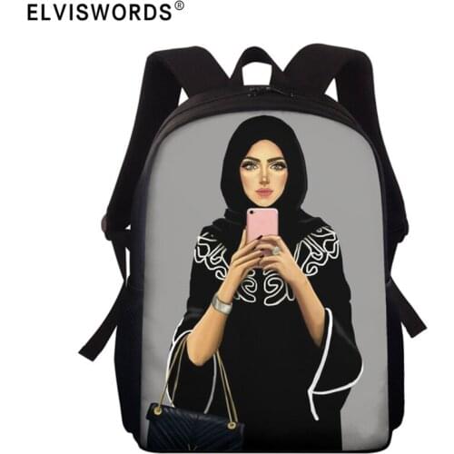 ELVISWORDS Elementary School Bags Muslim Islamic Girl Hijab Face Printed Book Bags For Girls Boys Women Backpack Mochila Escolar
