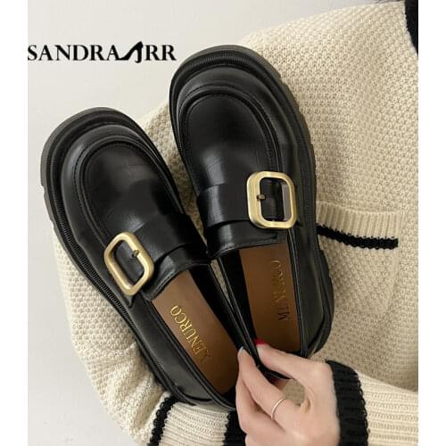 SANDRA JRR Women Platform Mary Janes Shoes Round Toe Retro Old Craft Lolita Style Chunky Platform Leather Pumps Med Heel