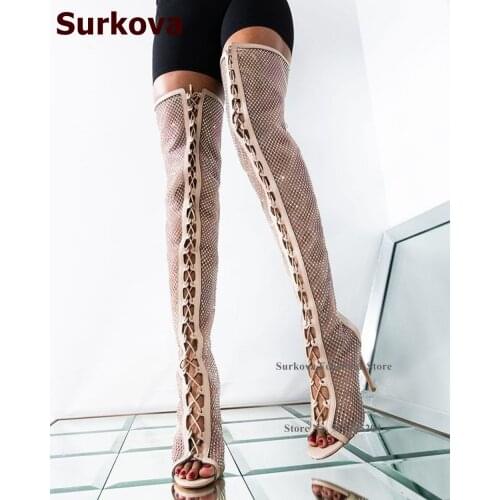 Surkova Glitter Crystal Over-the-knee Sandal Boots Cross Strappy Lace-up Gladiator Thigh Boots Bling Bling Nightclub Shoes