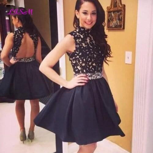 Sexy Black Lace Short Homecoming Dresses Plus Size Mini Satin Cocktail Dress High Neck Beaded Blackless Prom Party Gowns
