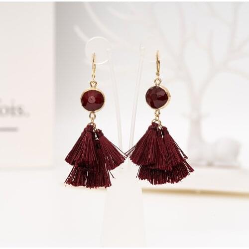 Multi-Layer burgundy colored cotton Thread Fringe Stacked Tassel Earrings for Women Girls drop Earrings