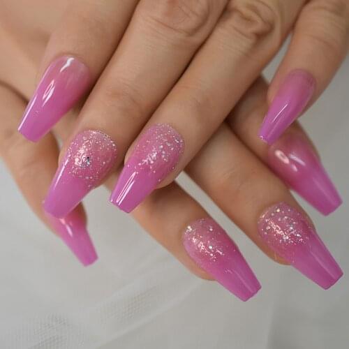 Medium Coffin Glitter Pure Pink Color Gel Tips Decoration Nails False Hand Dummy Stick On Nails Full Cover Nails Cute