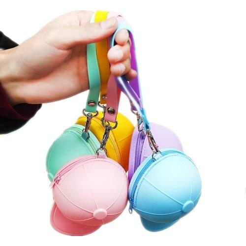 Candy Color Baseball Cap Shape Storage Bag Kids Coin Bag Wallets Silicone Key Cases Mini Zipper Bags Small Pouch Organizer