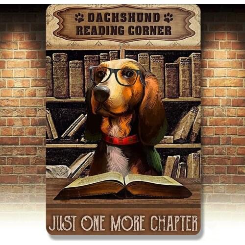Dachshund Reading Corner Metal Sign Retro Tin Sign Bar Cafe Wall Decoration Plaque Art Printing Poster 8x12