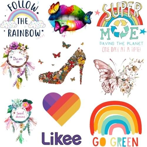 Rainbow Heat Vinyl Transfer For clothing Iron On Transfers For Clothes Applique Thermal Stickers For T-shirt Love-shape Transfer