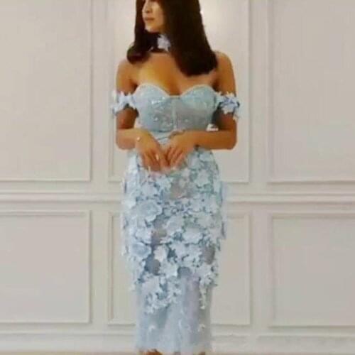 Robe de soiree abiye Dubai Evening Dresses Appliques Mid Calf Lace Dress Party Evening Gowns With Choker Sweetheart abendkleider