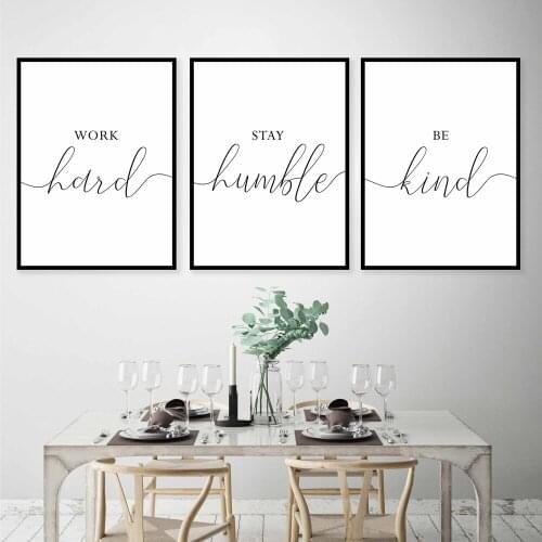 Work Hard Be Kind Stay Humble Quotes Wall Art Canvas Painting Minimalism Black White Wall Posters Prints For Office Home Decor