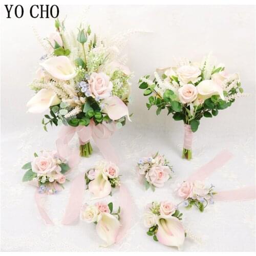 YO CHO Rose Calla Lily Flower Bouquet Silk Flower Pink Girl Bridal Wedding Supplies Newest Design Handmade Wedding Bouquet Craft