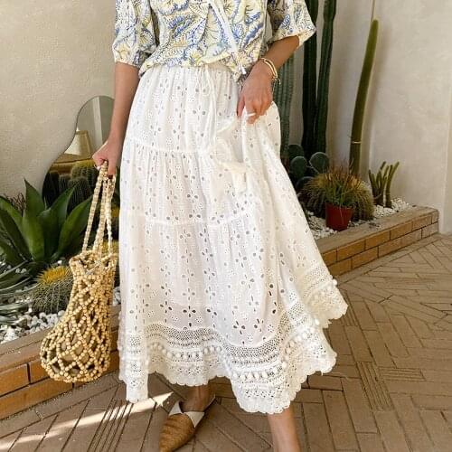 Boho Hollow Out Lace Long Skirt with Lining Women 2021 Summer Beach Casual Balls Loose Lace-up Elastic Waist Cotton White Skirts