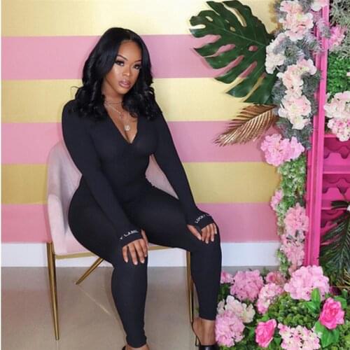 2020 Autumn Letter Printed Playsuit Sexy Womens Solid Jumpsuit Fashion Long Sleeve Long Pants Slim Zipper Letter Outfits Leotard