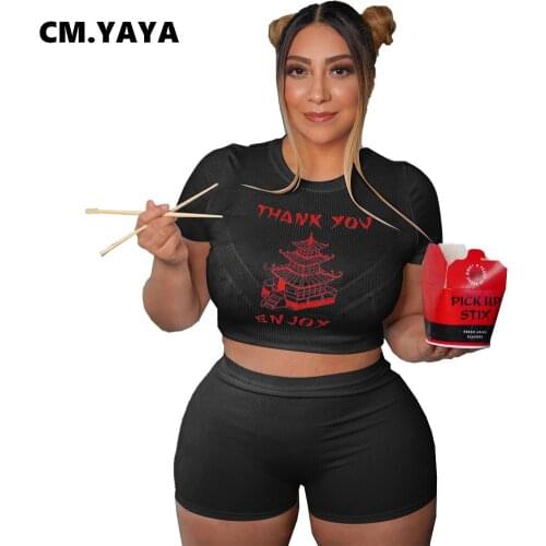 CM.YAYA Women Set Plus Size Trackstui Print Short Sleeve Crop Tops Elastic Sheath Shorts 2 Piece Set Street Fashion Outfit 2021