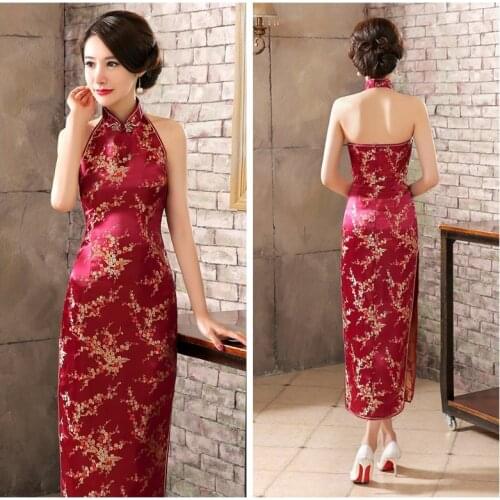 Classic Women Chinese Dress Gown Backless dress Long Satin Qipao Sexy Cheongsam Novelty Stage Show Clothes