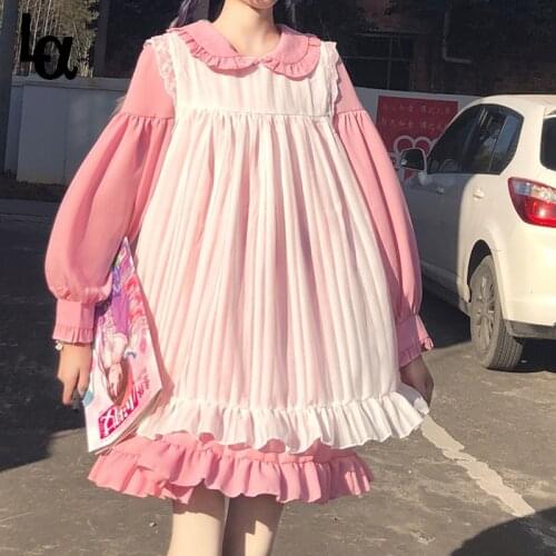 Luck A Japanese Sweet Pink Lolita Op Dress Gothic Soft Girl Cute Vintage Ruffle Maid Cosplay Dress Women Kawaii Two-Piece Dress