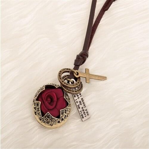 Vintage New Woman Ribbon Rose Flower Pendant Necklaces Elegant Personality Long Leather Chain Sweater Necklace Fashion Jewelry