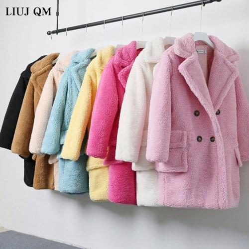 Winter Parkas Warm Turn-down Collar Double Breasted Teddy Coat Women Oversized Pink Lamb Fur Coat Ladies Long Faux Fur Jacket