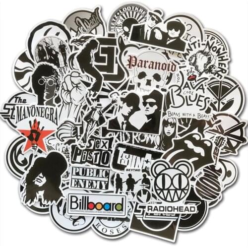 50Pcs Cool Black White Rock Stickers Music Retro Band Sticker Pack For DIY Skateboard Luggage Laptop Car Motorcycle Decals Gift