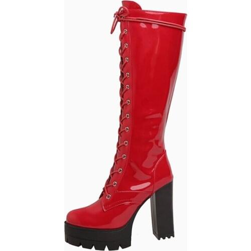 Arden Furtado 2020 winter fashion Cross tied Round toe Waterproof Chunky heels red black white Knee high boots Womens boots